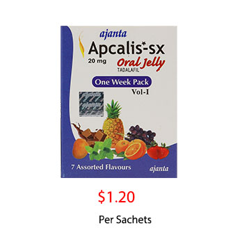 Apcalis SX Oral Jelly 20mg sachets for fast-acting erectile dysfunction treatment, featuring Tadalafil in a convenient jelly form.